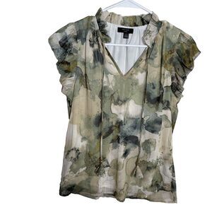 Haver Blouse Women's XS Metallic V-Neck Watercolor Floral Sheer Print Top